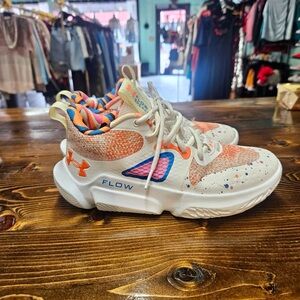 Under Armour Flow Breakthru 3 LE Sneakers in White with Orange & Blue Accents